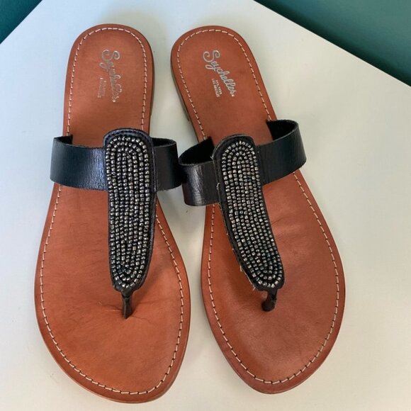 SEYCHELLES Thong Sandals Flip Flops Womens Size 9 Black Tan Gems - Picture 3 of 7